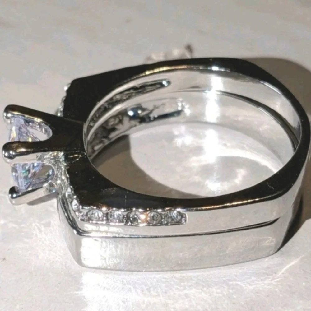 Mens Silver-Tone Clear Cubic zirconia Ring 2pc Set Sz 10